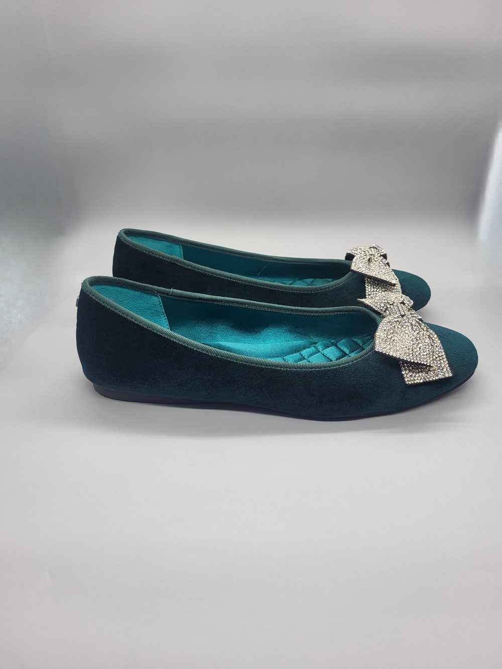 Birdies Teal Velvet Flats with Crystal Bow - Picture 8 of 14